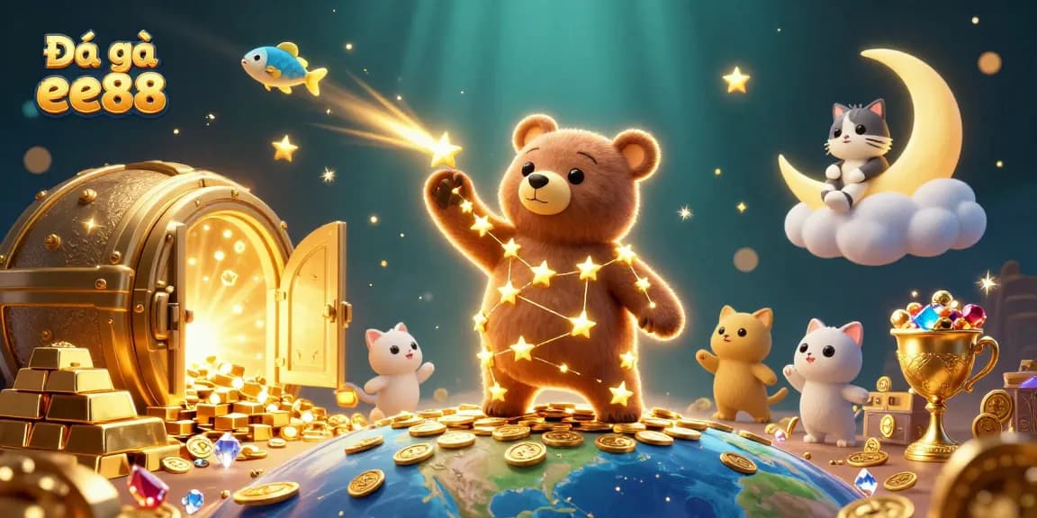 Engage in exhilarating Đá gà ee88 as the constellation bear scoops coins, illustrating thrilling gaming experiences.