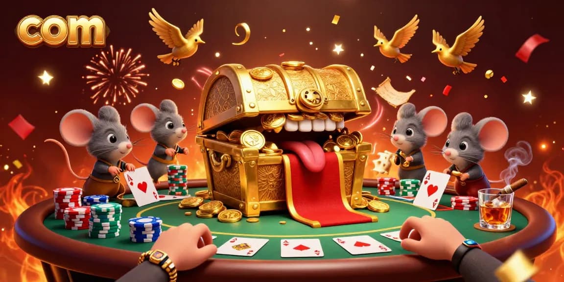 Join the excitement at com's vibrant casino scene with glittering poker elements and a treasure chest.