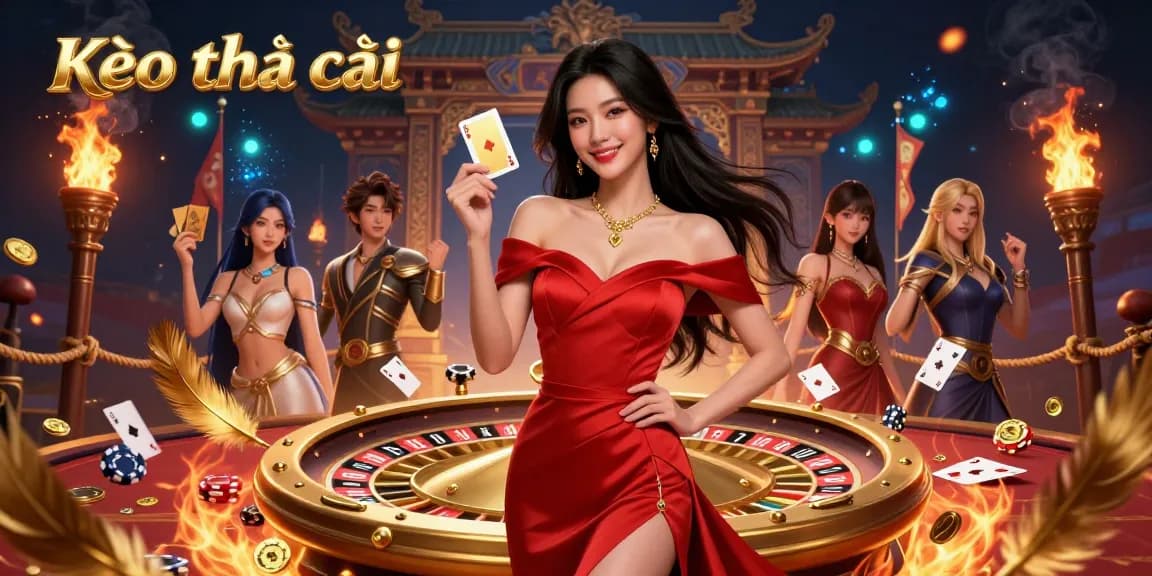 Kèo nhà cái showcasing a confident Asian woman holding a golden poker card beside a roulette wheel, surrounded by dynamic casino elements.