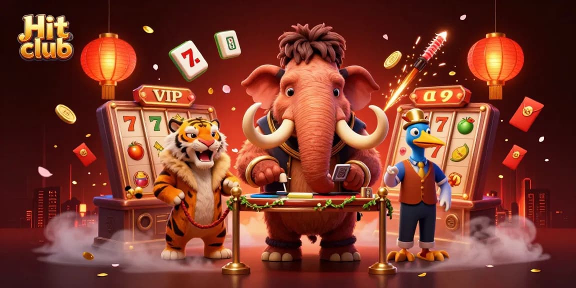 Hit club invites players to join the vibrant casino scene with a woolly mammoth bouncer checking IDs.