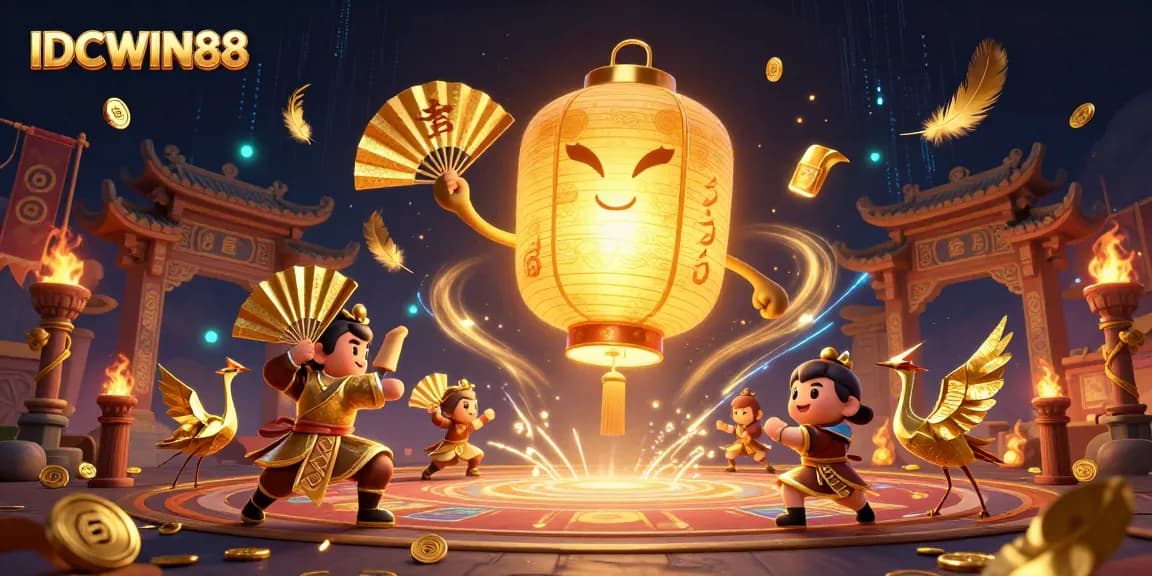 Spin big wins with IDCWIN88 at a vibrant night market casino featuring golden lanterns and game elements.