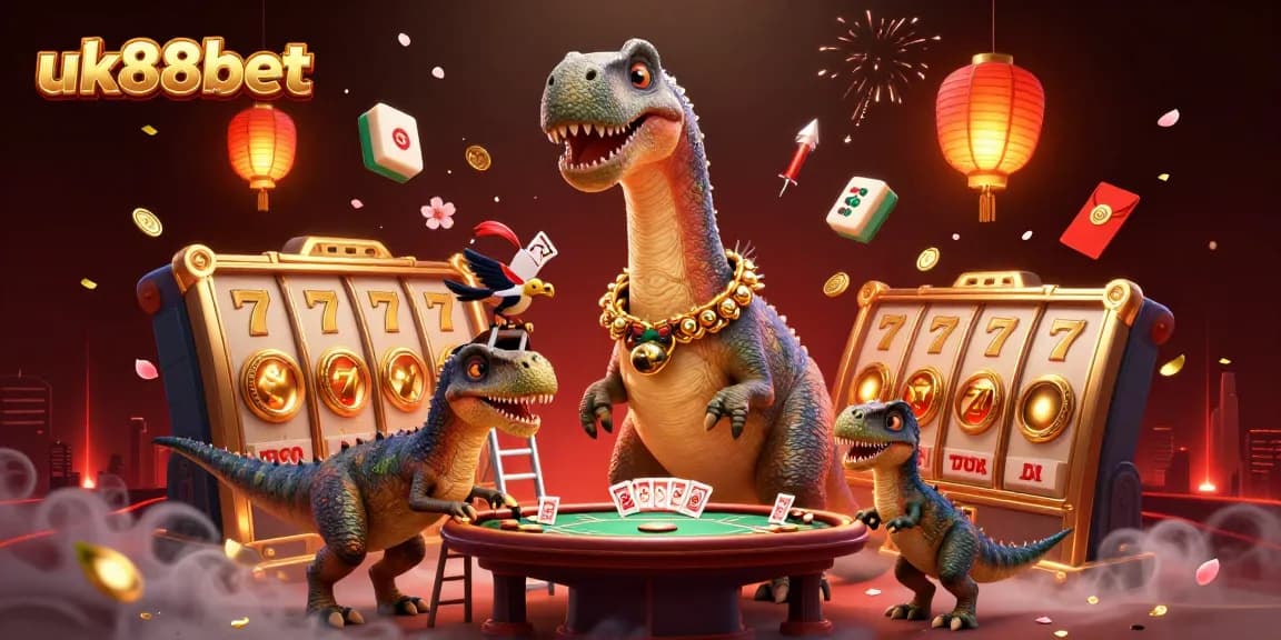 uk88bet illustrates vibrant casino excitement with a towering brontosaurus, poker action, and festive elements