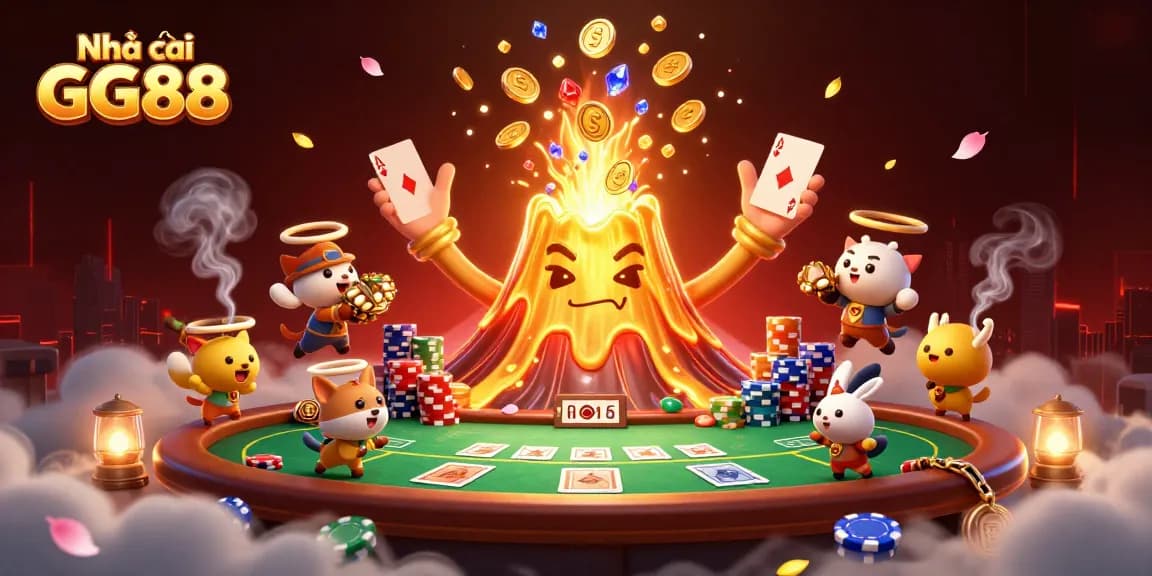 Experience thrilling action at Nhà cái GG88 with a golden volcano erupting treasures, poker elements, and vibrant ambiance.