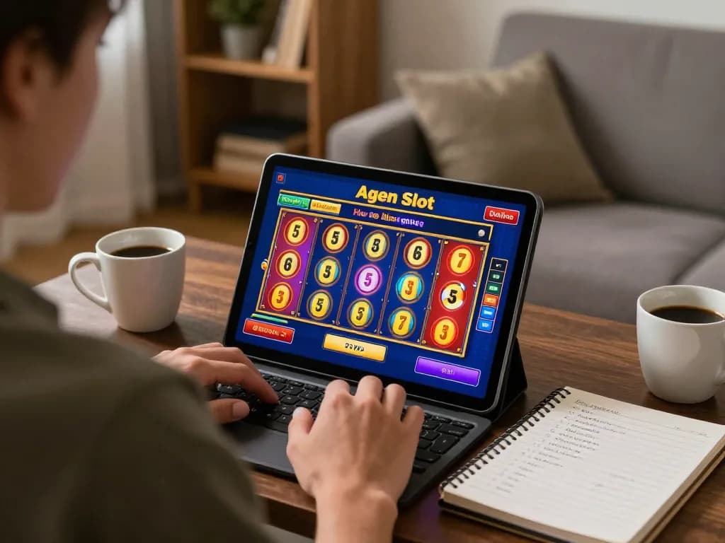 Agen Slot online gameplay on tablet in a cozy home setup with warm lighting and strategic notes