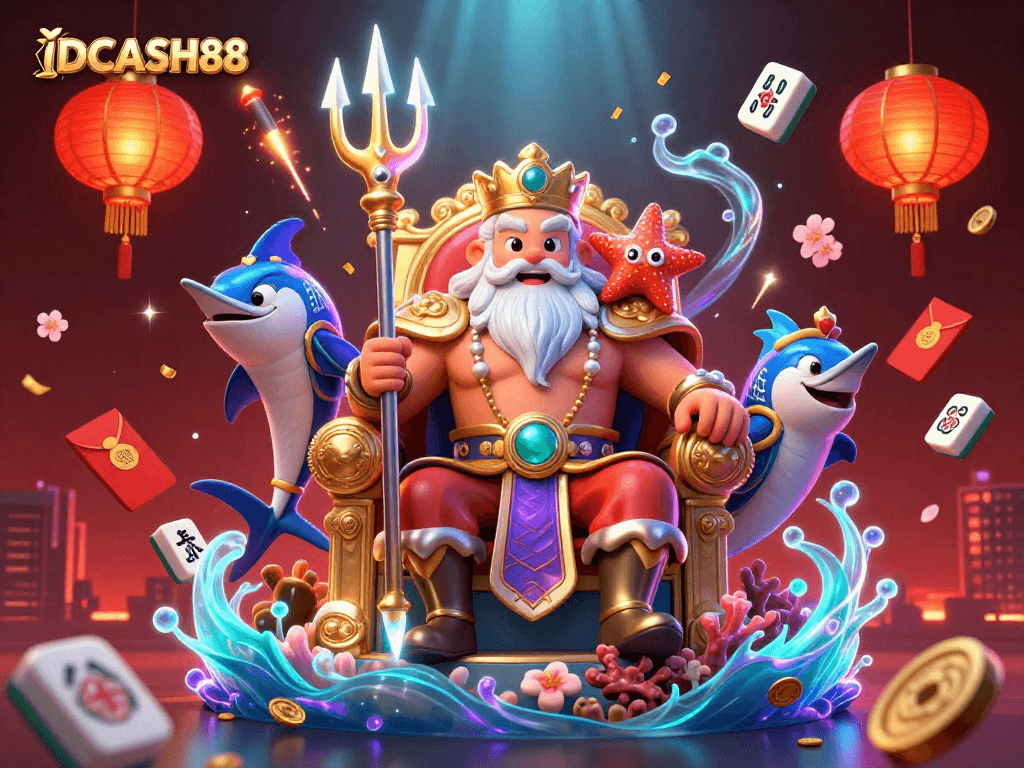 Experience the thrilling world of IDCASH88 casino with vibrant 3D digital art featuring Neptune and game elements.