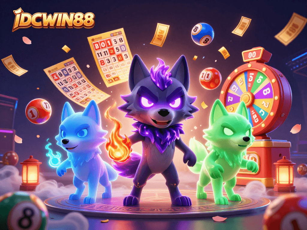 Engage with lottery excitement at IDCWIN88, featuring vibrant ghostly wolves and dynamic game elements.