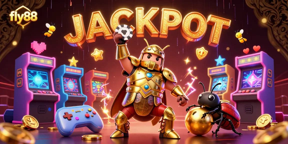 Experience thrilling casino action with fly88's illustration featuring a victorious beetle champion wielding a poker chip.