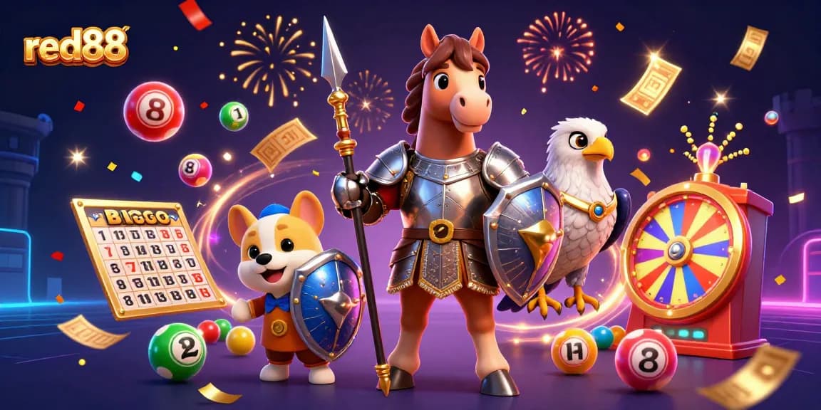 Experience the thrill of red88 with vibrant slot reels, colorful lottery balls, and festive 3D characters.