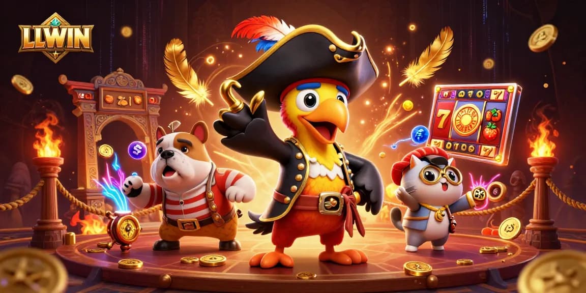 Join LLWIN's thrilling pirate-themed casino adventure with vibrant characters and dynamic elements.