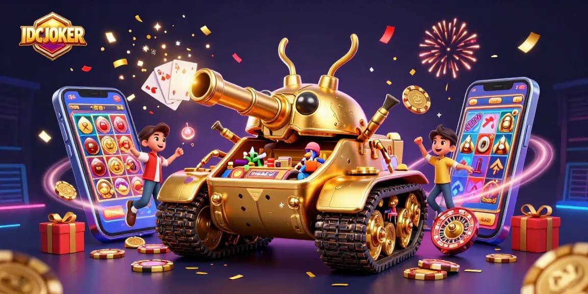 IDCJOKER powers a spectacular 3D casino scene, showcasing thrilling slots and golden coins.