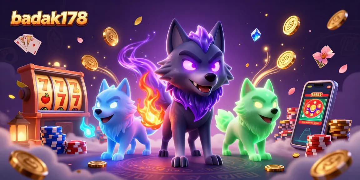 Experience the thrill of badak178 with a vibrant casino scene featuring lucky sevens and ghostly wolf characters.