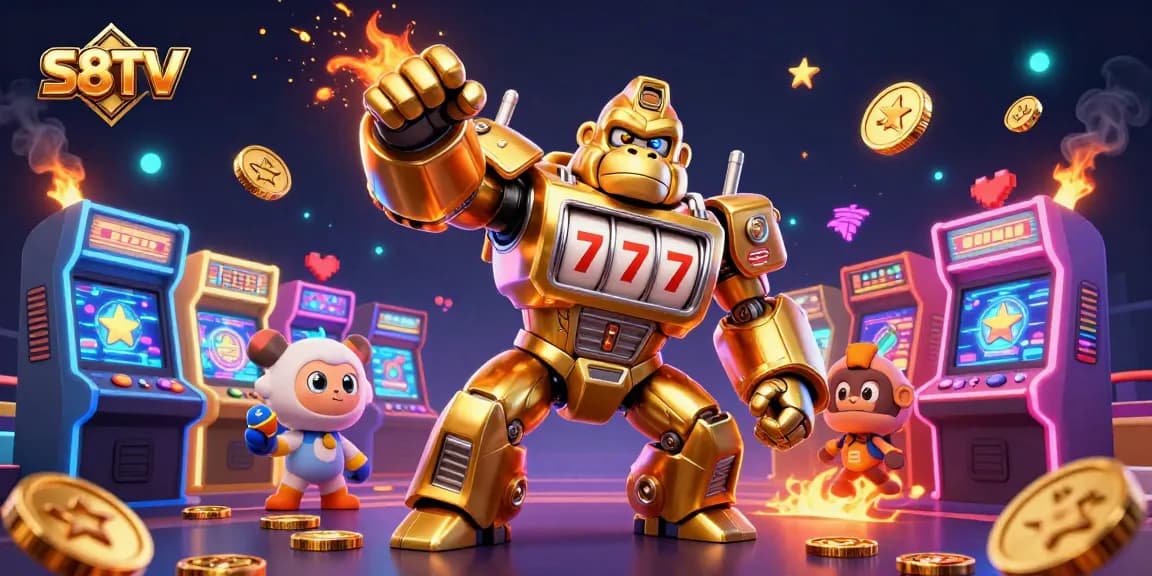 S8TV engages bettors with an epic 3D casino-themed battle featuring a gorilla mech and vibrant gaming elements.