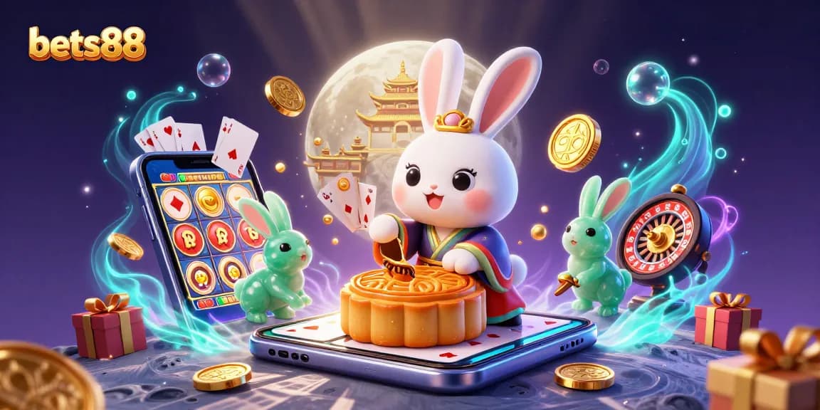 Join the fun at bets88 with vibrant gaming elements in a magical casino-themed illustration.