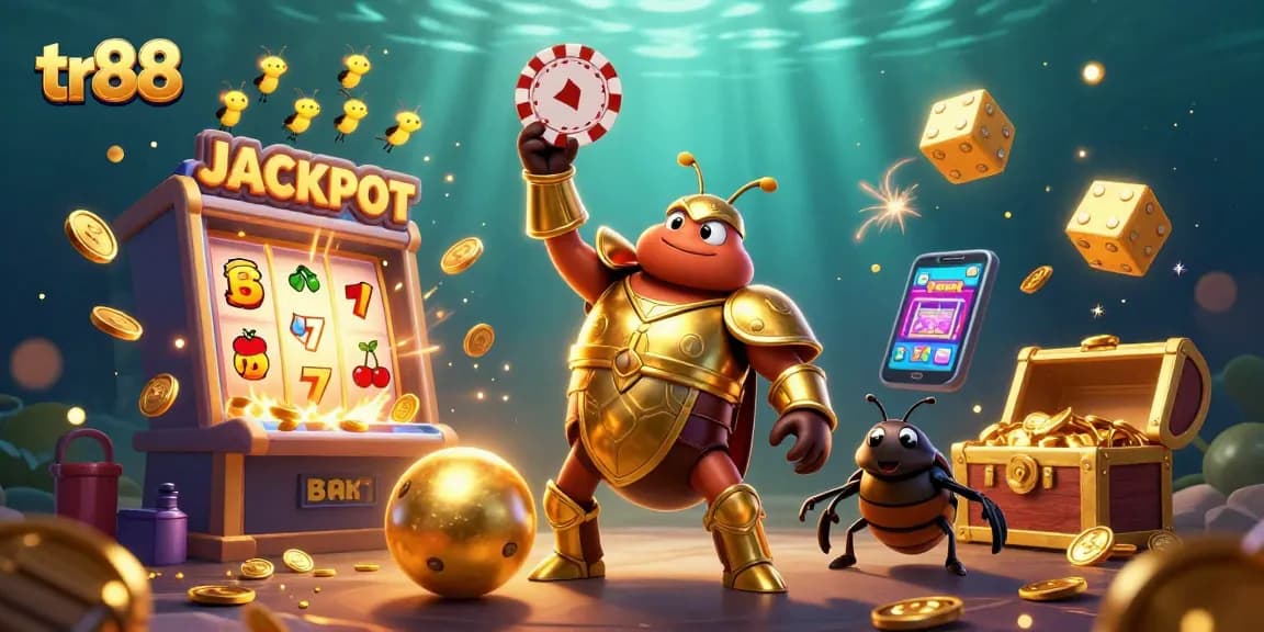 Engage with tr88's thrilling casino experience featuring a victorious hercules beetle in a golden atmosphere.