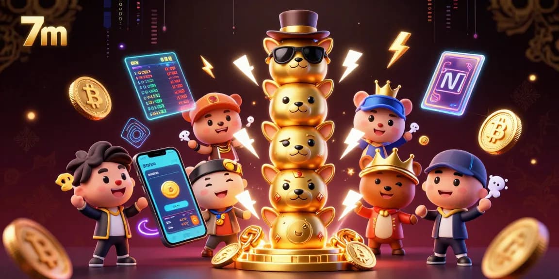Spin the reels with 7m-inspired cartoon totem pole and vibrant crypto elements in a lively casino scene.