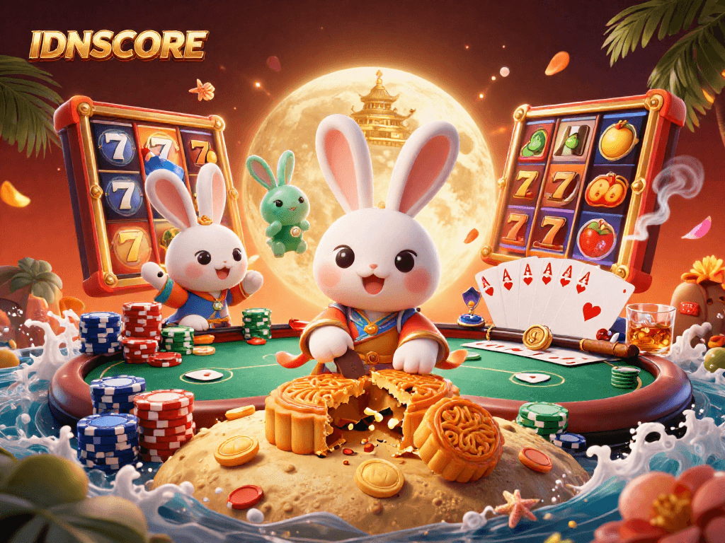 IDNSCORE showcases a vibrant scene with a moon rabbit and poker elements amidst a dynamic casino setting.