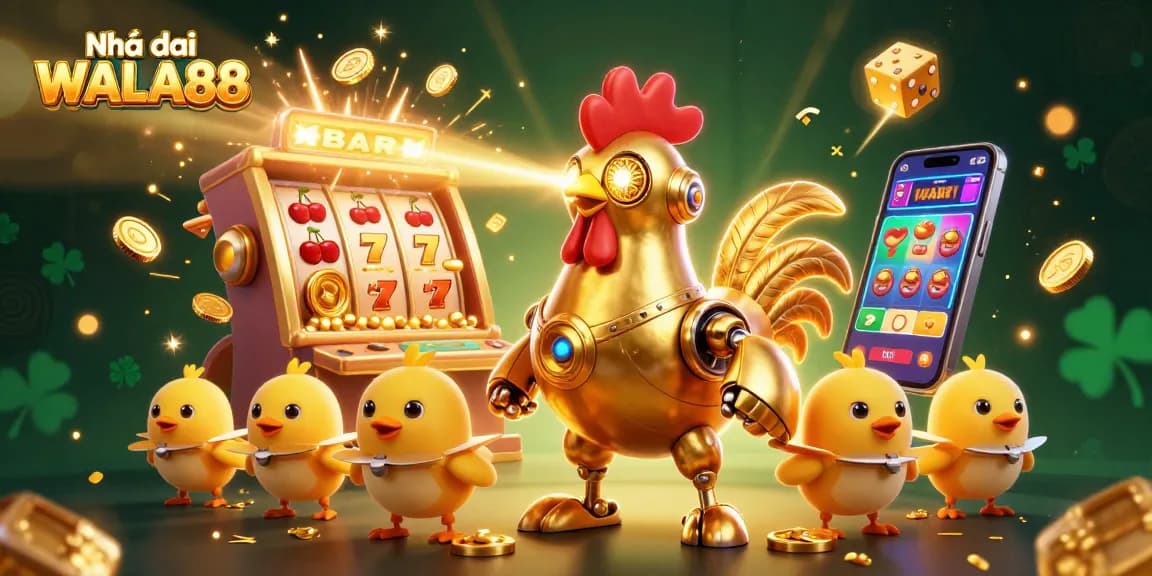 Experience excitement and winning at Nhà cái WALA88 with a golden rooster robot and vibrant casino elements.
