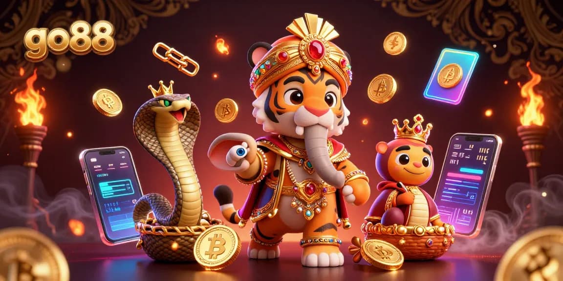 Play at go88, featuring a vibrant 3D scene with a maharaja tiger, an elephant, and crypto elements.