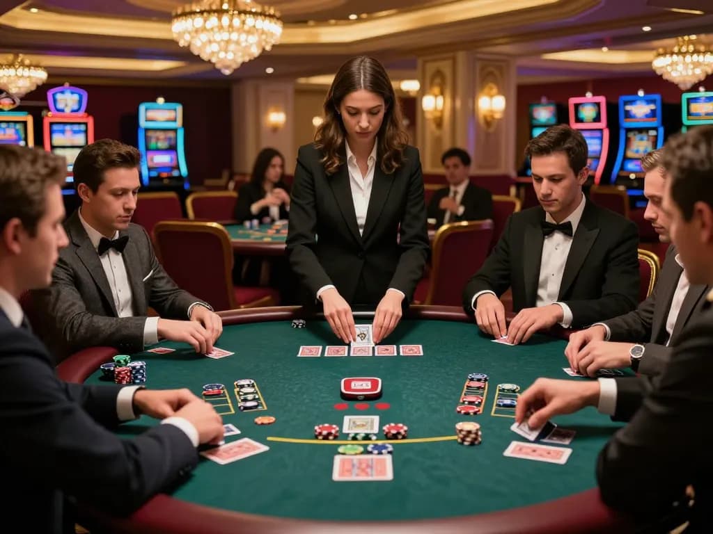 take2 blackjack players engaging with dealer in a luxurious casino setting, intense gameplay amidst elegant decor