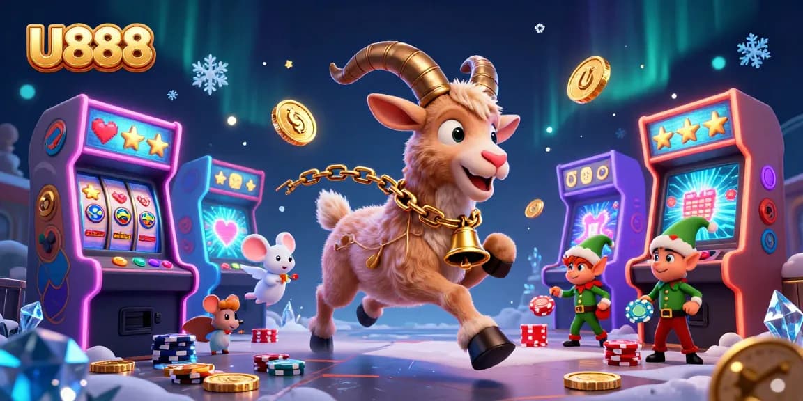 U888 showcases a festive casino scene with Krampus and angels amidst vibrant slot machines.