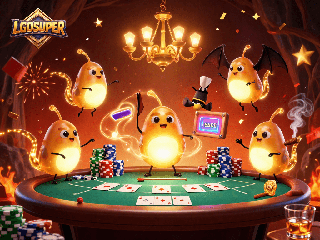Experience thrilling gambling at LGOSUPER with glowworms illuminating a lively casino scene.