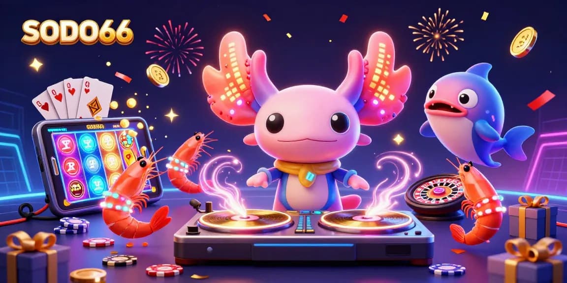 SODO66 brings excitement with neon axolotl DJ and vibrant casino elements in an engaging underwater scene.