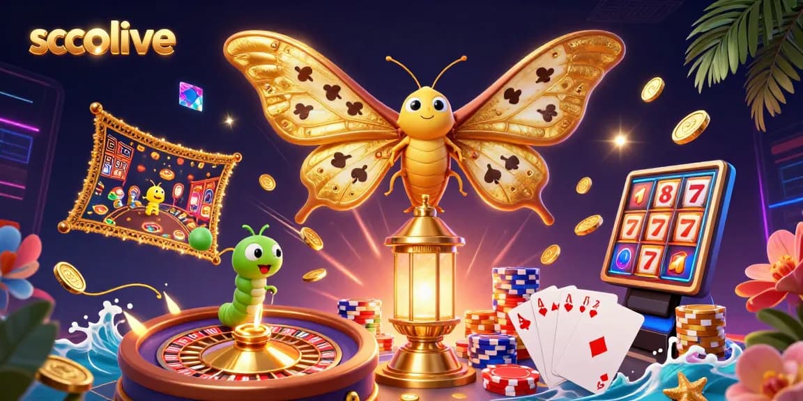 Socolive captivates with vibrant 3D casino moth spreading colorful card suits amid flying coins.