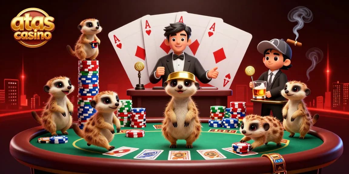 Experience the excitement of atas casino with meerkats managing a vibrant poker game and sneaky chip action.