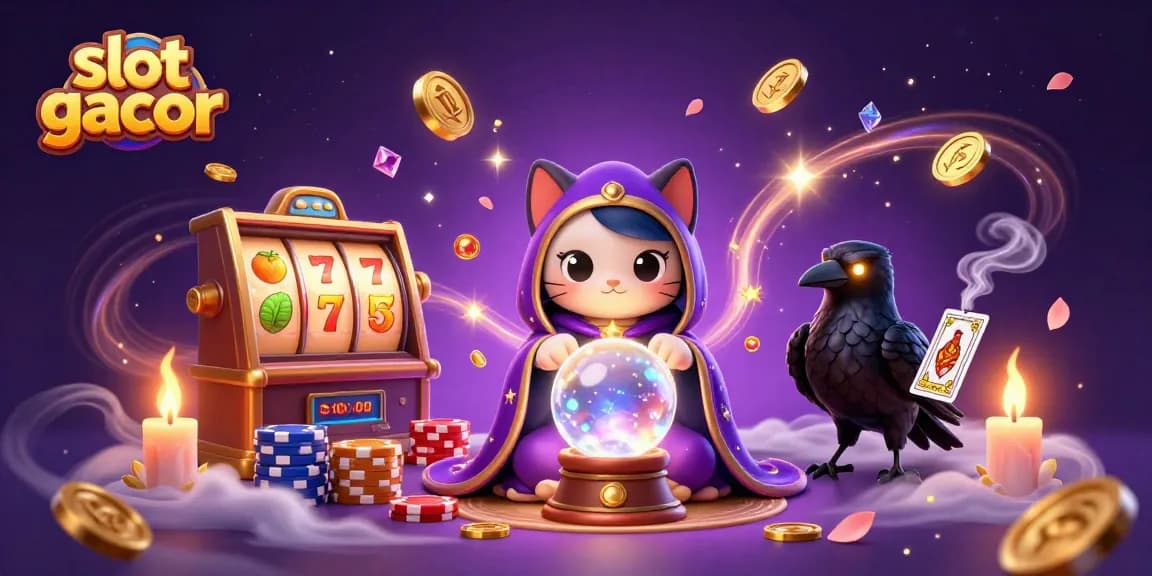Engage with slot gacor action through vibrant scenes of fortune teller mystic cat and game symbols, featuring rich visuals.