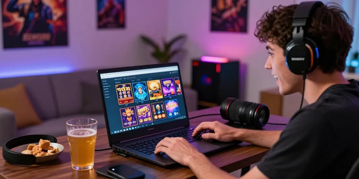 Player enjoying situs slot games on a laptop in a cozy gaming setup.