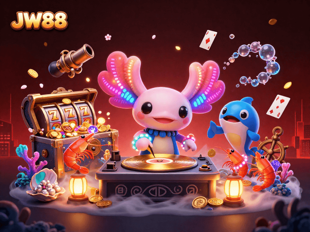Experience the thrill of JW88 with a vibrant oceanic casino scene featuring a DJ axolotl.