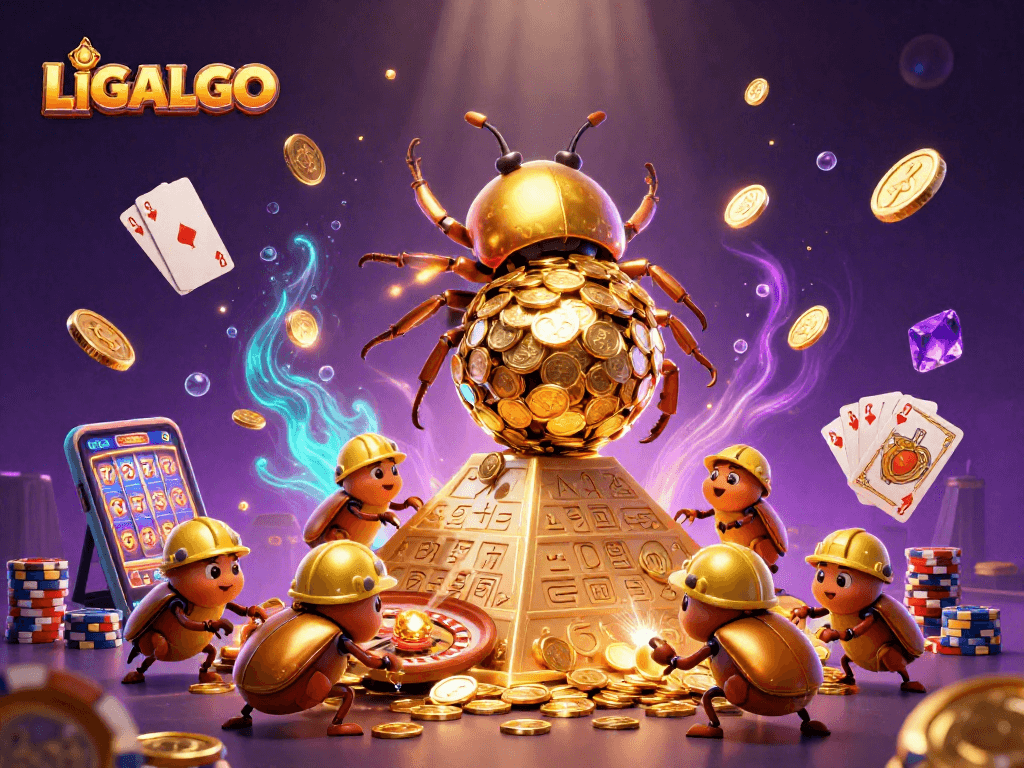 LIGALGO captivates players with a stunning 3D scene of a golden beetle amidst cascading coins and casino elements.