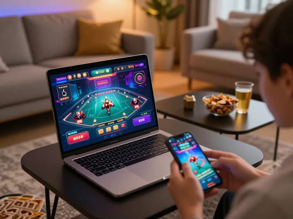 Player engaging in online casino games at home with abc8 app on laptop and smartphone.