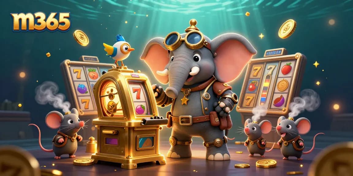 Win big at m365 with a steampunk elephant operating a golden slot machine in a vibrant casino scene.
