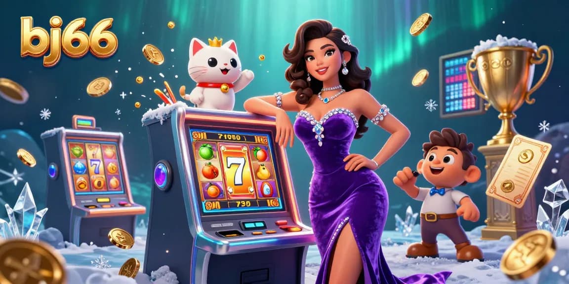 Spin the reels at bj66 with vibrant slot machines and a cheerful fortune cat mascot.