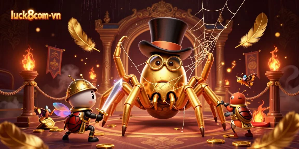 Engage in the vibrant luck8com-vn gaming scene with golden tarantula, brave knight, and moth onlookers.