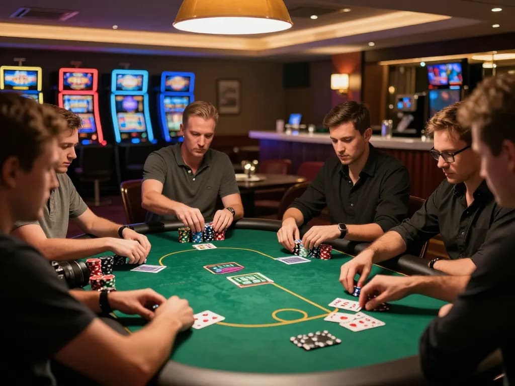 LGO SUPER poker players in a luxurious casino lounge with focused strategies and competitive energy.