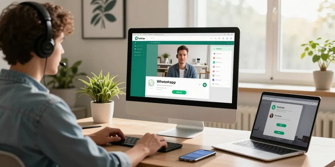 Using WhatsApp電腦版 on a desktop in a modern home office, showing user engaged in a video call.