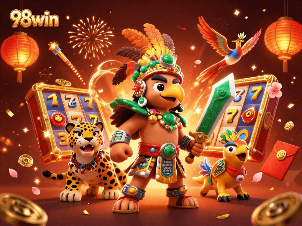 Join the thrilling action with 98win's Aztec warriors surrounded by vibrant slot elements.