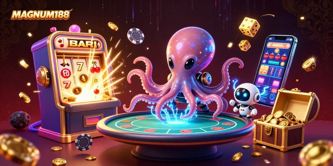 Experience thrilling action with MAGNUM188's vibrant alien octopus dealing poker at a holographic table surrounded by dynamic casino elements.