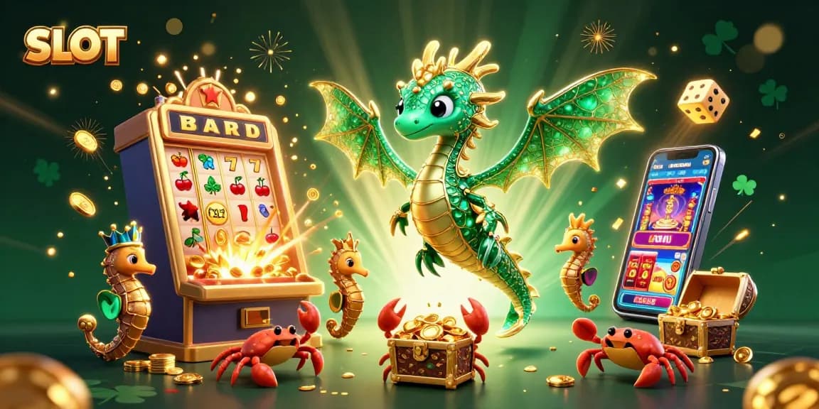 SLOT game illustration with a vibrant 3D sea dragon, jackpot slot machine, and exciting casino elements.
