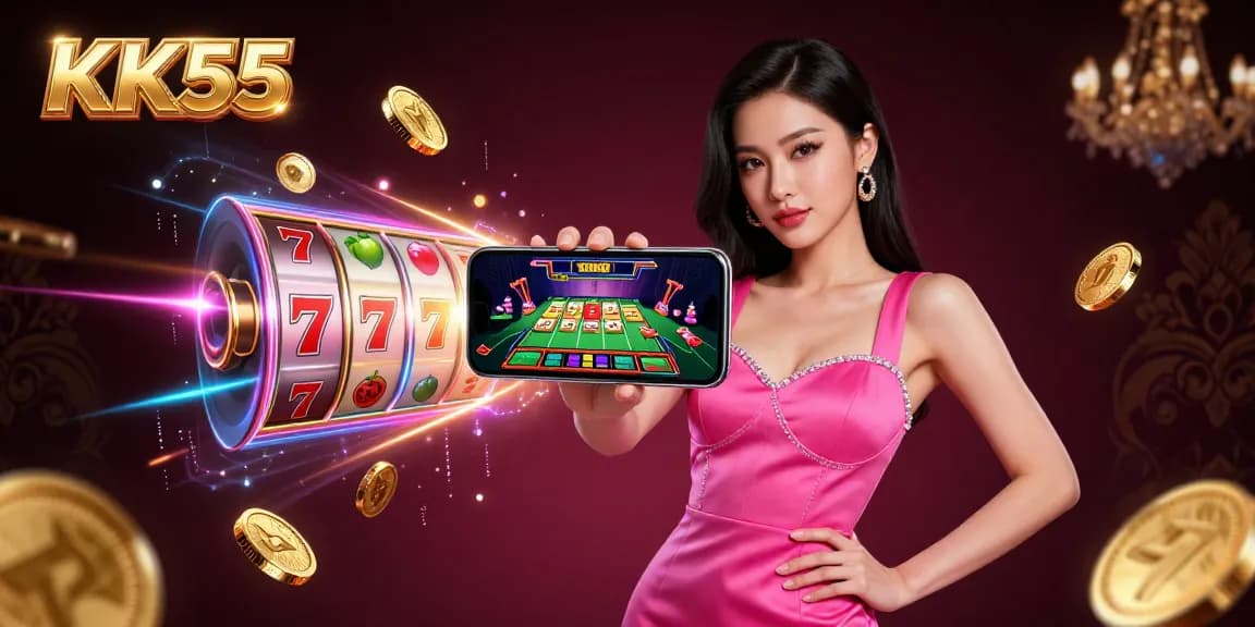 Engage with amazing games at KK55, featuring a stunning woman showing live dealer action on her smartphone.
