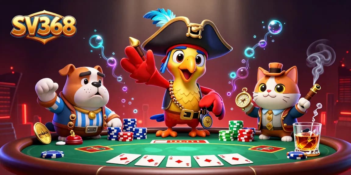 Engage in thrilling casino action with SV368 as a pirate captain navigates poker games amidst colorful chips and cards.