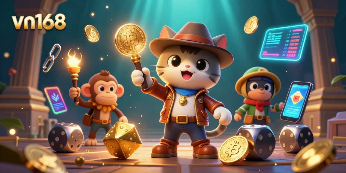 Win jackpots at vn168 with a vibrant scene featuring a cat archaeologist discovering golden casino artifacts and crypto coins.