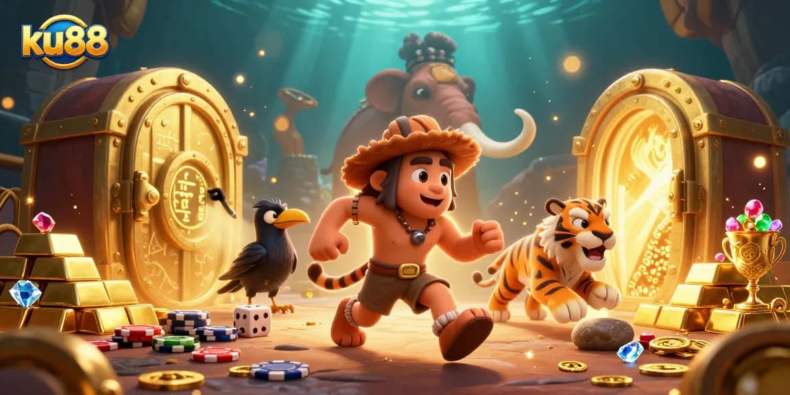 ku88 engages players with a lively prehistoric casino scene, featuring gems and treasures.