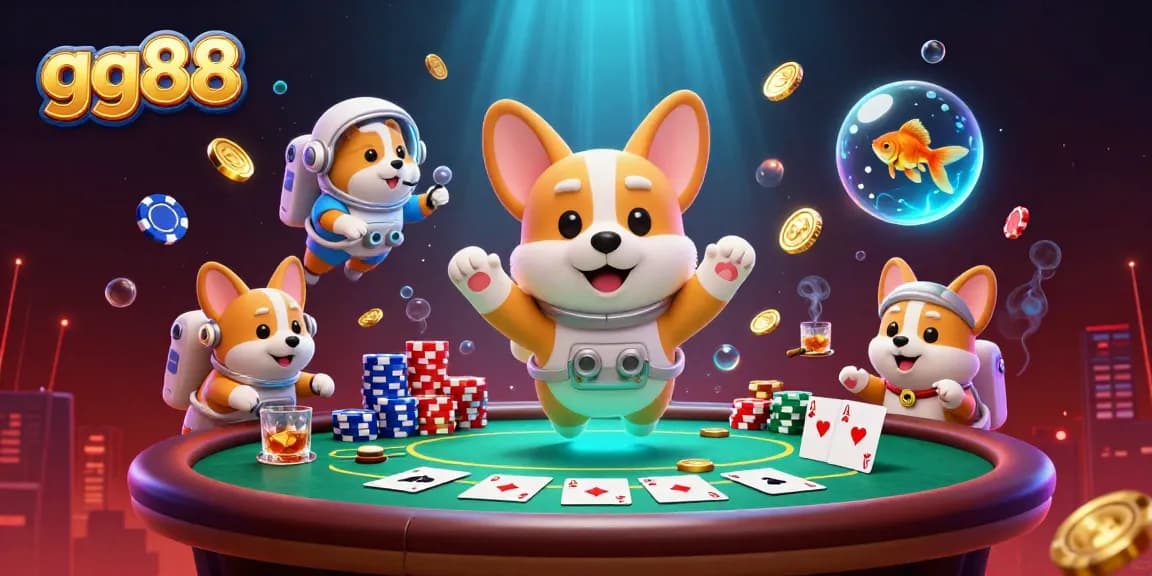 Experience gaming excitement at gg88 with a vibrant casino scene full of floating coins and poker chips.