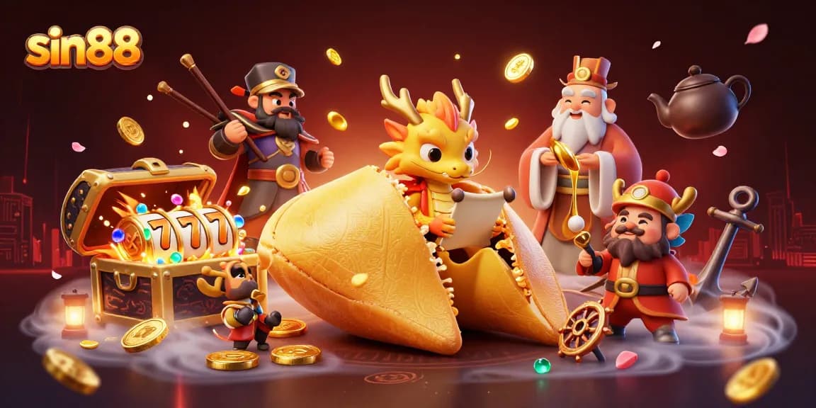 sin88 enhances the gaming experience with a vibrant 3D illustration of a fortune cookie guarding rich treasures.