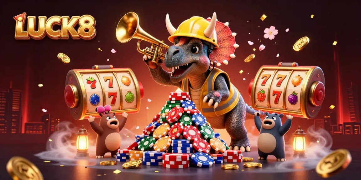 Engage with LUCK8's vibrant casino adventure featuring a triceratops building poker chips.