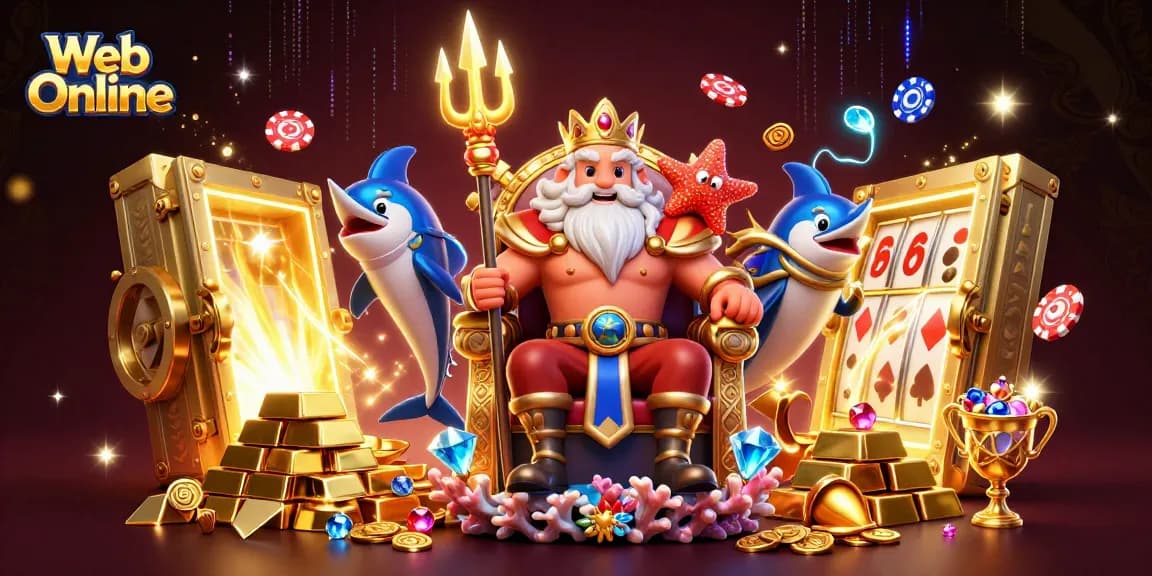 Engage in thrilling gameplay with Web Online’s vibrant 3D casino scene featuring Neptune and gold treasures.