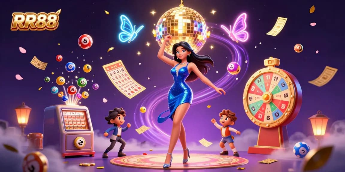 Engage with RR88's dynamic gaming scene, showcasing a glamorous dancer and exciting lottery elements.